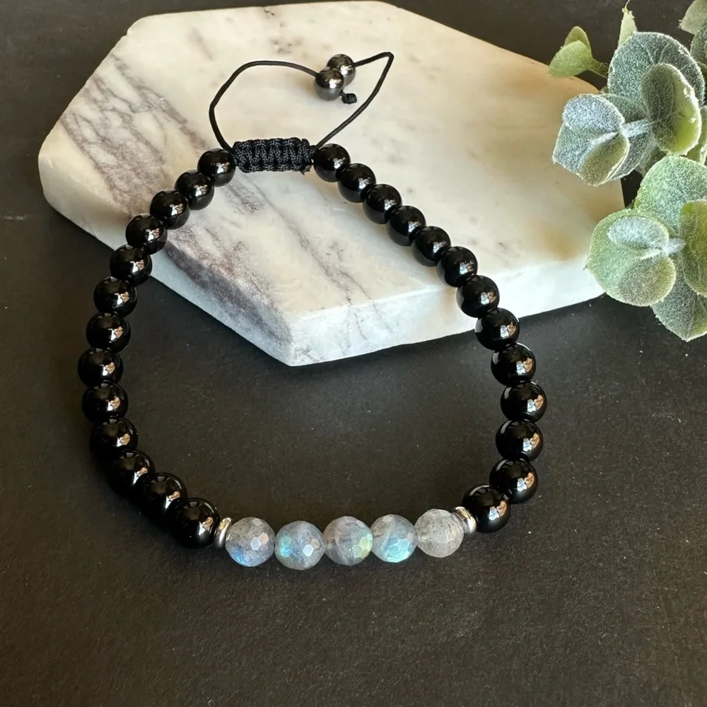 Labradorite Bracelet black tourmaline adjustable macrame - Picture 4 of 6